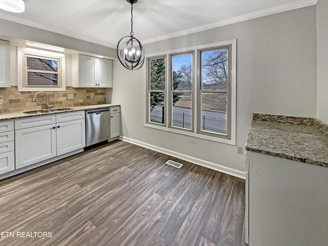 kitchen featuring white cabinetry, sink, decorative light fixtures, and stainless steel dishwasher