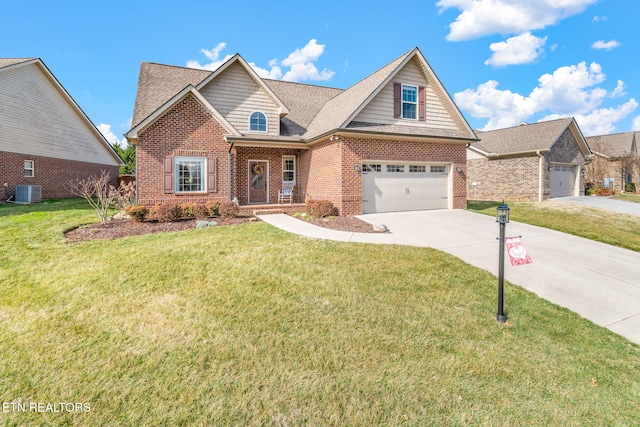 view of front of home featuring central AC, a garage, and a front lawn