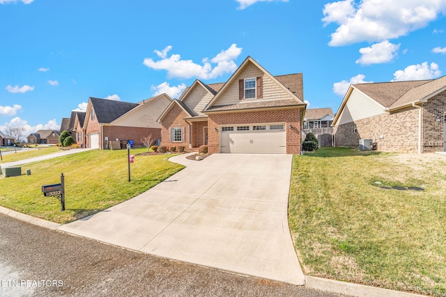 view of front of property with a garage, central AC, and a front lawn