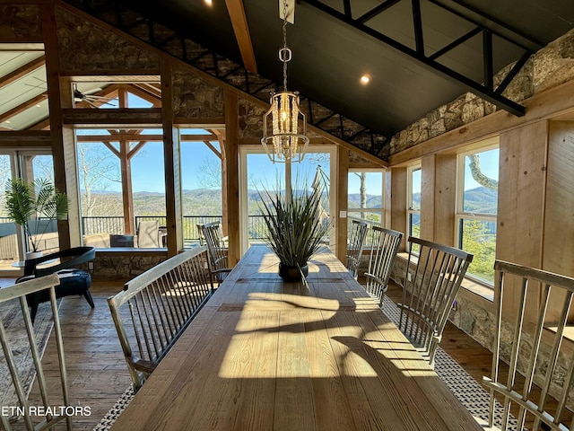 550 Steer Creek Rd, Tellico Plains, TN 37385 - sunroom / solarium with a mountain view, lofted ceiling, and a chandelier