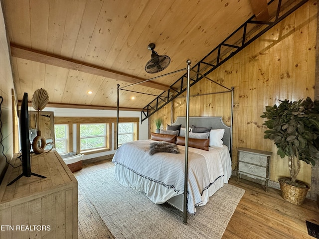 550 Steer Creek Rd, Tellico Plains, TN 37385 - bedroom with wood-type flooring, vaulted ceiling with beams, wooden ceiling, and wood walls