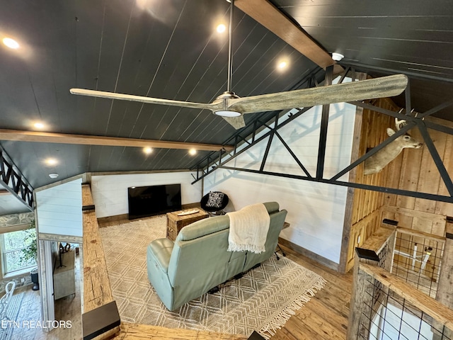 550 Steer Creek Rd, Tellico Plains, TN 37385 - living room with vaulted ceiling with beams, hardwood / wood-style flooring, and wood walls