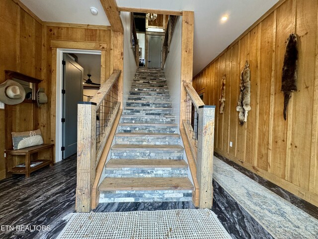 550 Steer Creek Rd, Tellico Plains, TN 37385 - staircase featuring wood walls