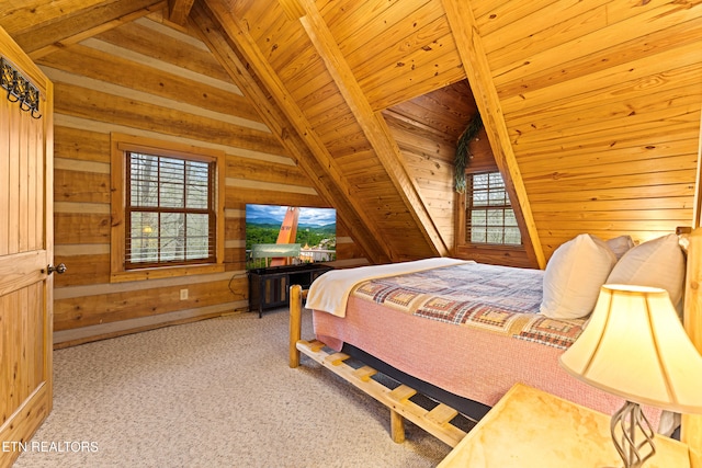 bedroom featuring light colored carpet, lofted ceiling with beams, wooden ceiling, and wood walls