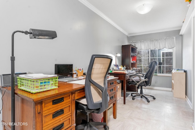 home office with ornamental molding