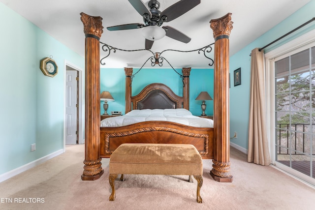 bedroom featuring ornate columns, ceiling fan, light carpet, and access to outside