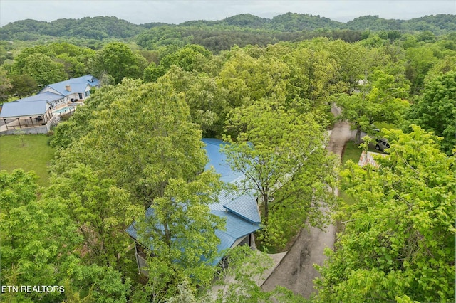 aerial view featuring a wooded view