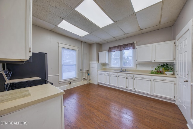 kitchen with stove, dark hardwood / wood-style flooring, sink, and white cabinets