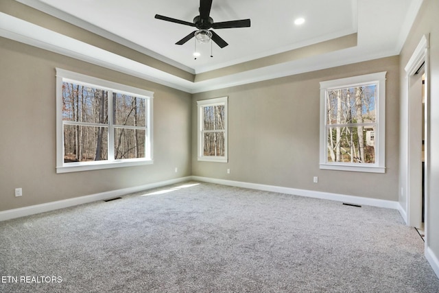 carpeted empty room with crown molding, ceiling fan, and a raised ceiling