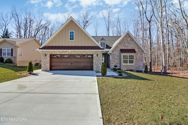 view of front of house with central AC unit and a front lawn