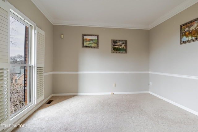 carpeted spare room featuring ornamental molding