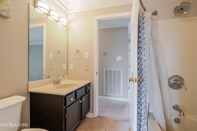 full bathroom with tile patterned flooring, vanity, toilet, crown molding, and shower / bathtub combination with curtain