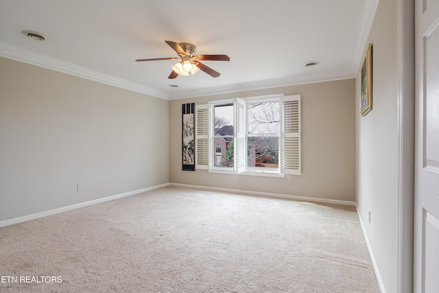 empty room featuring ornamental molding, light colored carpet, and ceiling fan