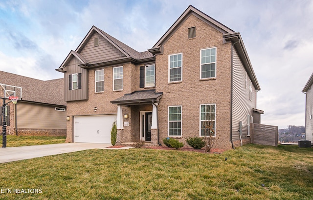 view of front of home with a garage, central air condition unit, and a front lawn