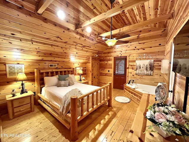 bedroom featuring visible vents, lofted ceiling with beams, wood walls, light wood-type flooring, and wooden ceiling