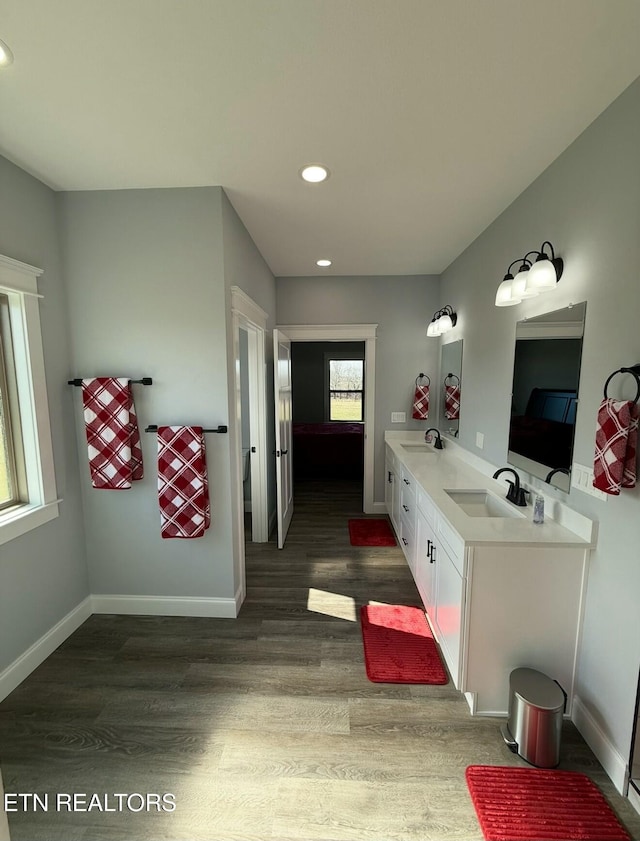 bathroom with vanity and wood-type flooring