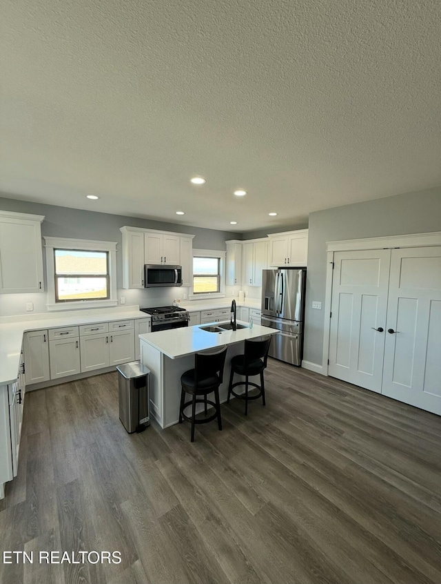 kitchen featuring sink, white cabinetry, appliances with stainless steel finishes, a kitchen breakfast bar, and a kitchen island with sink