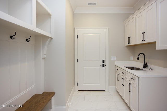 interior space with sink and ornamental molding