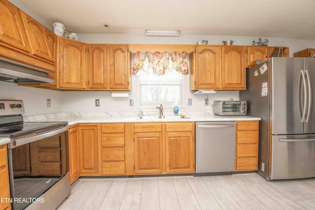 kitchen with sink, light hardwood / wood-style floors, and appliances with stainless steel finishes