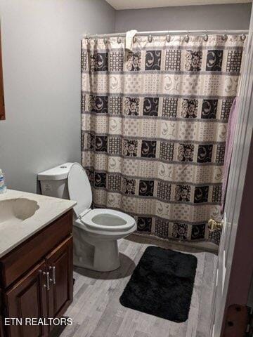 bathroom featuring vanity, hardwood / wood-style floors, curtained shower, and toilet