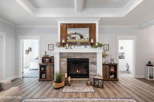 living room with a tray ceiling, washer / dryer, a fireplace, and hardwood / wood-style flooring