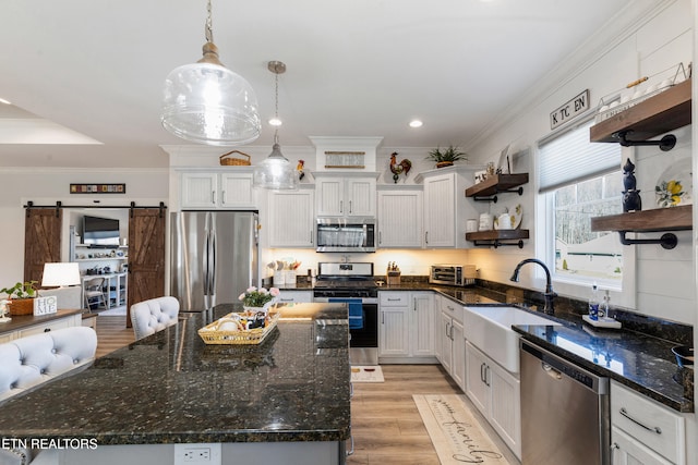 kitchen featuring appliances with stainless steel finishes, a barn door, decorative light fixtures, and white cabinets