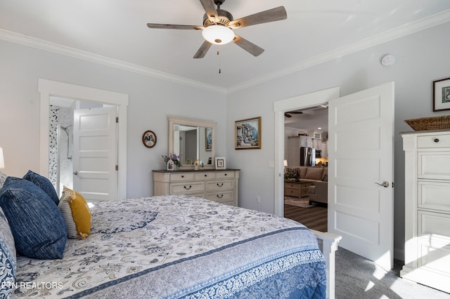 carpeted bedroom featuring crown molding and ceiling fan