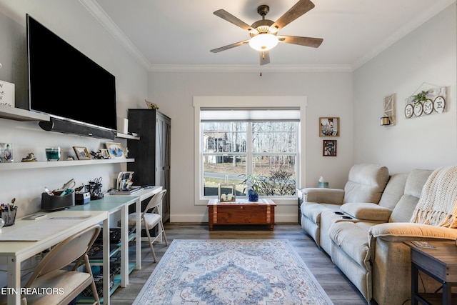 living room with dark wood-type flooring, ceiling fan, and ornamental molding