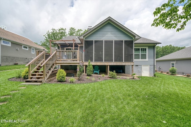 197 Cappshire Rd, Crossville, TN 38558 - back of house with a yard, a sunroom, stairway, and a chimney