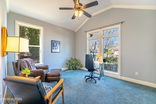 sitting room featuring lofted ceiling, a wealth of natural light, carpet floors, and ceiling fan