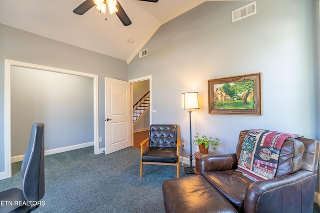 sitting room featuring visible vents, a ceiling fan, baseboards, carpet, and lofted ceiling