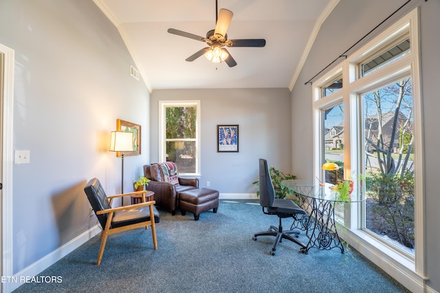 home office with visible vents, ceiling fan, baseboards, ornamental molding, and carpet floors