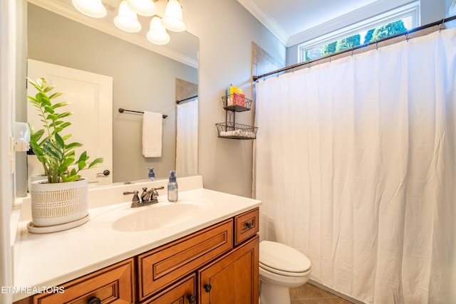 bathroom featuring tile patterned floors, a shower with curtain, toilet, crown molding, and vanity