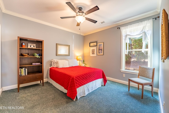 carpeted bedroom with visible vents, a ceiling fan, crown molding, and baseboards