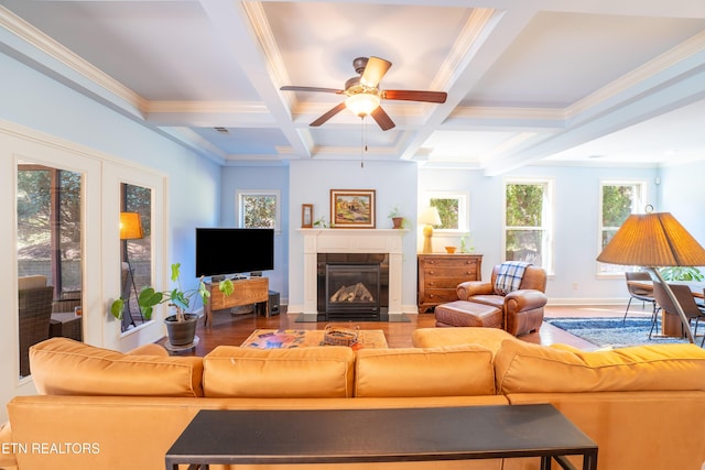 living room with wood finished floors, coffered ceiling, beam ceiling, a fireplace with flush hearth, and ceiling fan