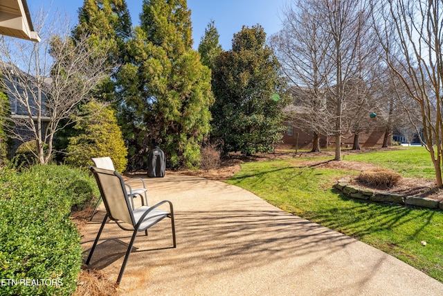 view of property's community with a lawn and a patio area