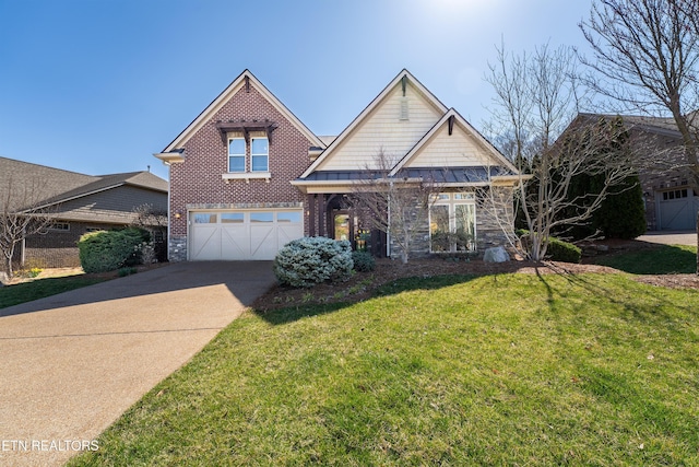 view of front of house with driveway, a standing seam roof, an attached garage, a front lawn, and brick siding