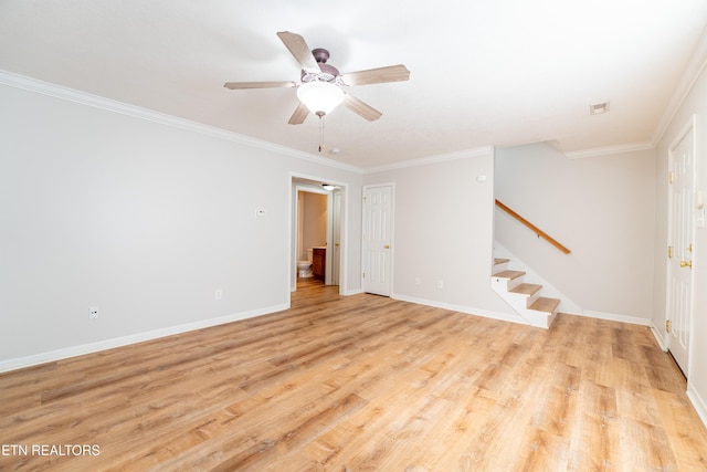 unfurnished room with ceiling fan, ornamental molding, and light hardwood / wood-style floors