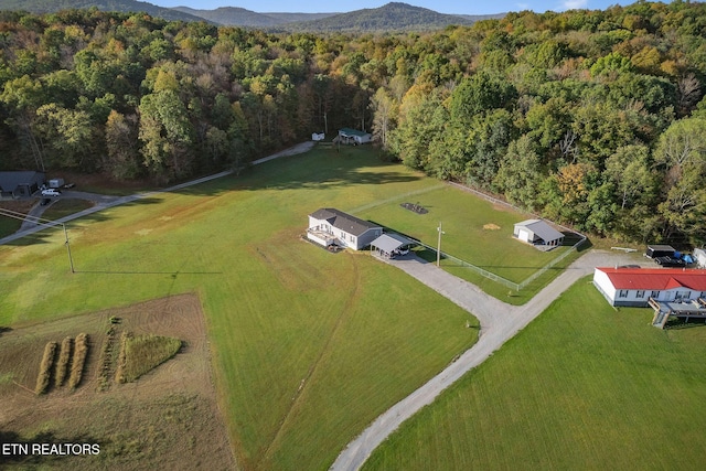 aerial view featuring a rural view and a mountain view