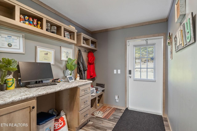 interior space featuring crown molding and light hardwood / wood-style floors