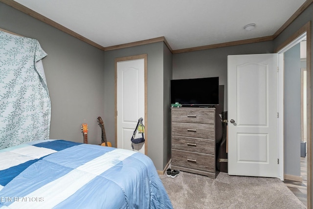 bedroom featuring ornamental molding and light carpet