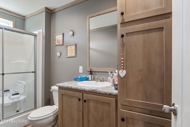 bathroom with vanity, walk in shower, and toilet