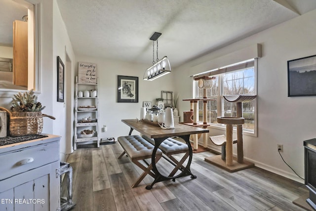 dining space featuring hardwood / wood-style floors and a textured ceiling