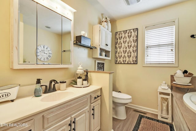 bathroom with hardwood / wood-style flooring, vanity, and toilet