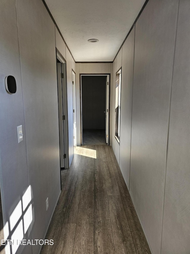 hallway featuring dark wood-type flooring and crown molding