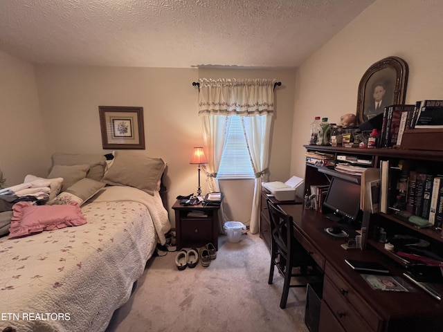 carpeted bedroom with a textured ceiling