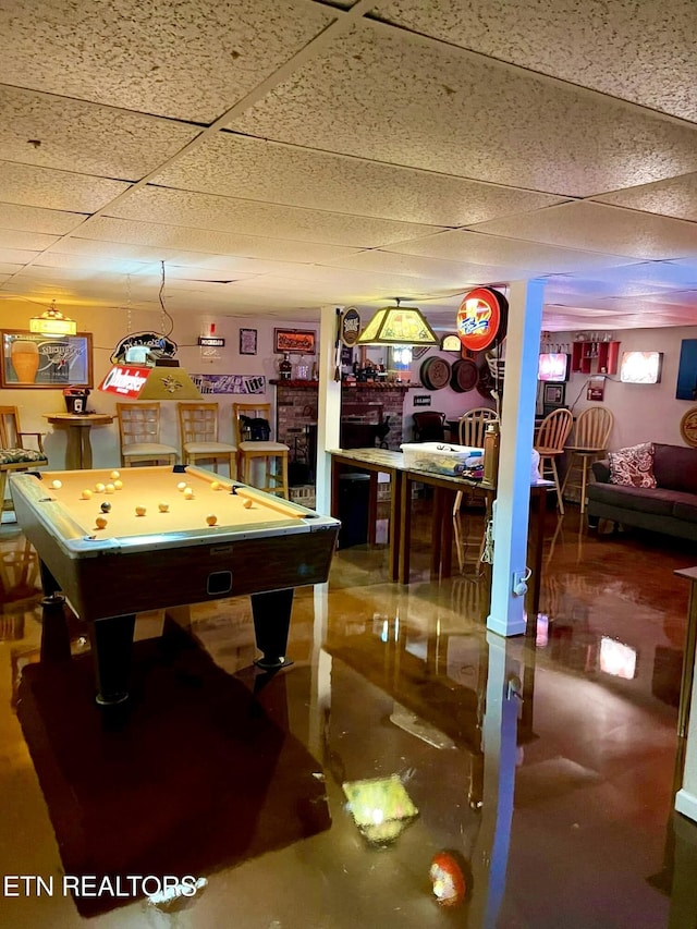 recreation room featuring a paneled ceiling and pool table