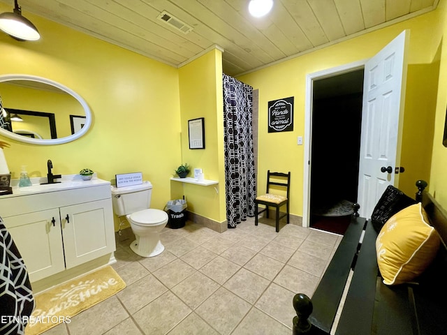 bathroom featuring vanity, tile patterned floors, wood ceiling, and toilet