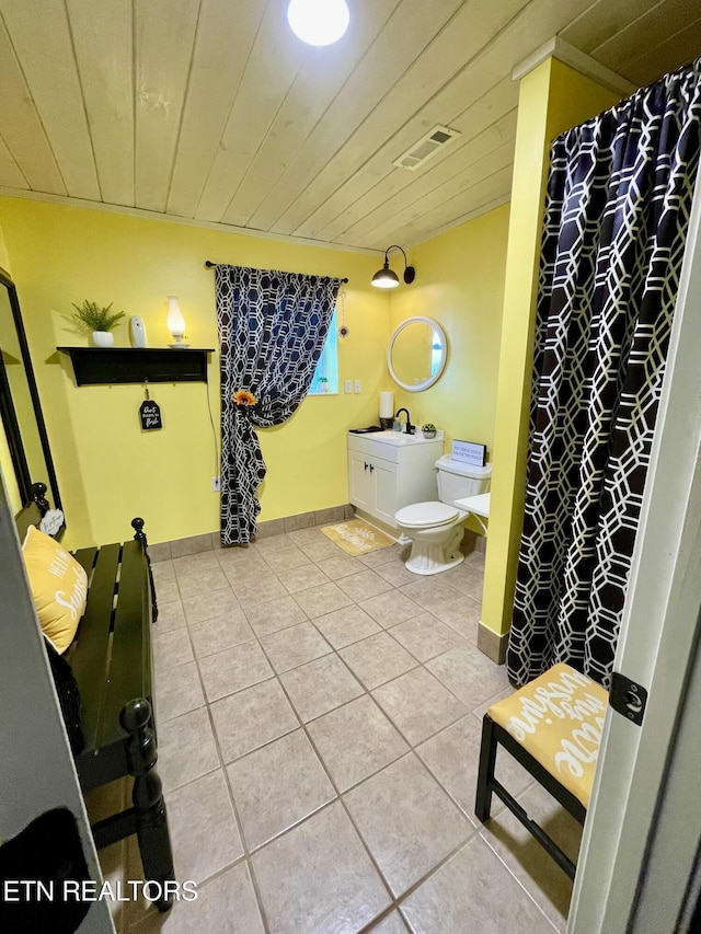 bathroom featuring toilet, wooden ceiling, vanity, curtained shower, and tile patterned flooring