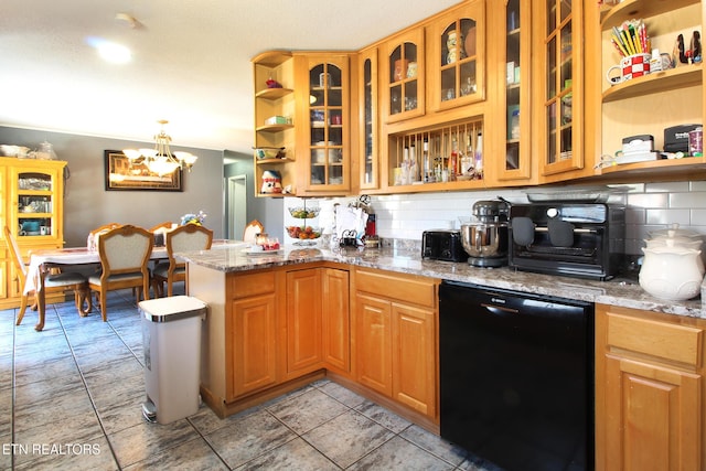 kitchen featuring dishwasher, an inviting chandelier, backsplash, light stone counters, and kitchen peninsula